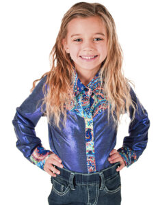 Girls Blue Metallic With Colorful Paisley Accents Lightweight Stretch Jersey